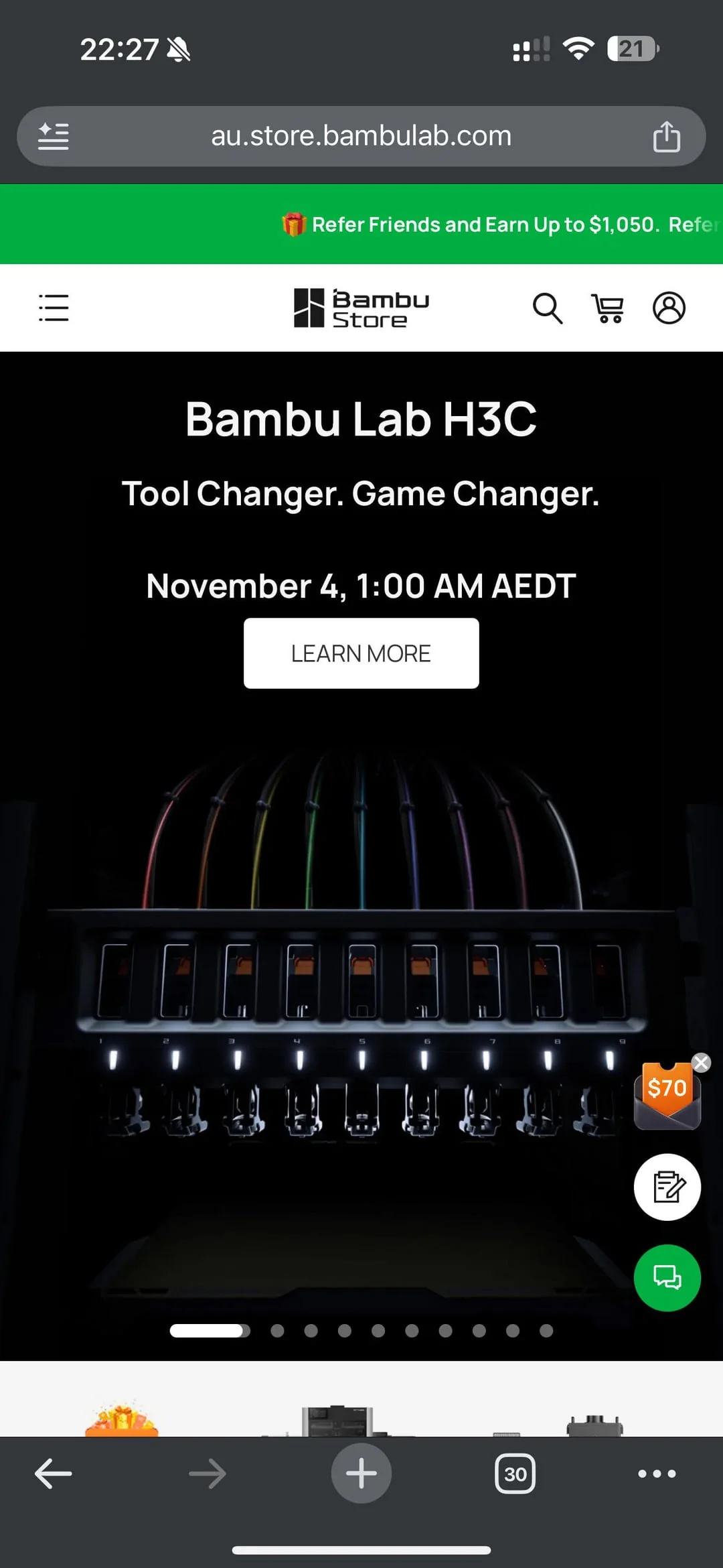 Reddit screenshot of an alleged Bambu Lab H3C banner showing the tool-changer slogan, November 4 time and nine numbered positions