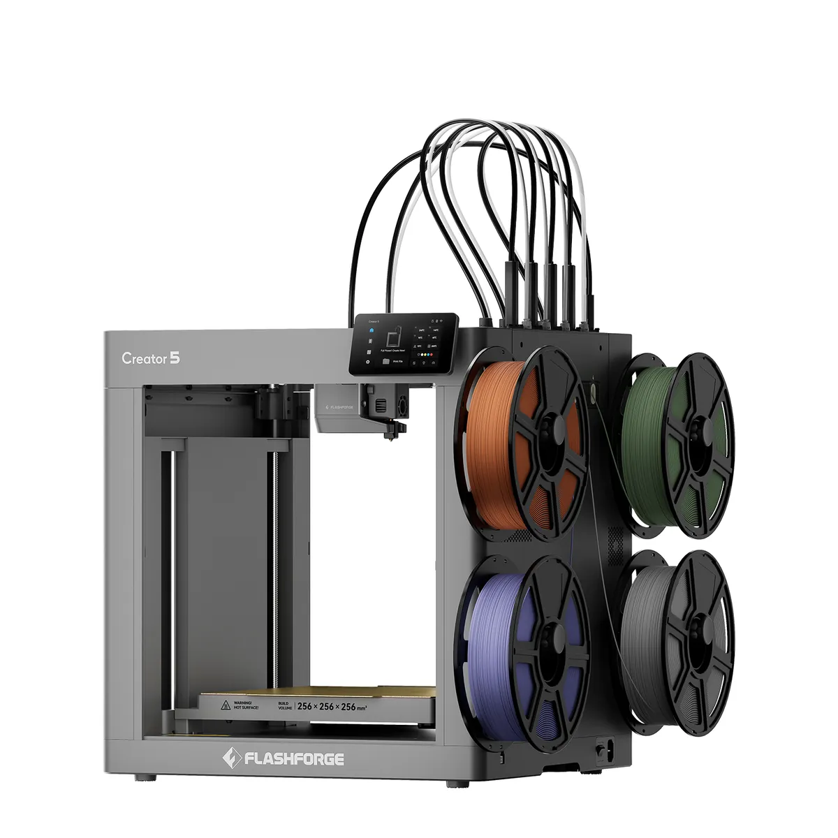 Flashforge Creator 5 open-frame printer with multiple filament spools